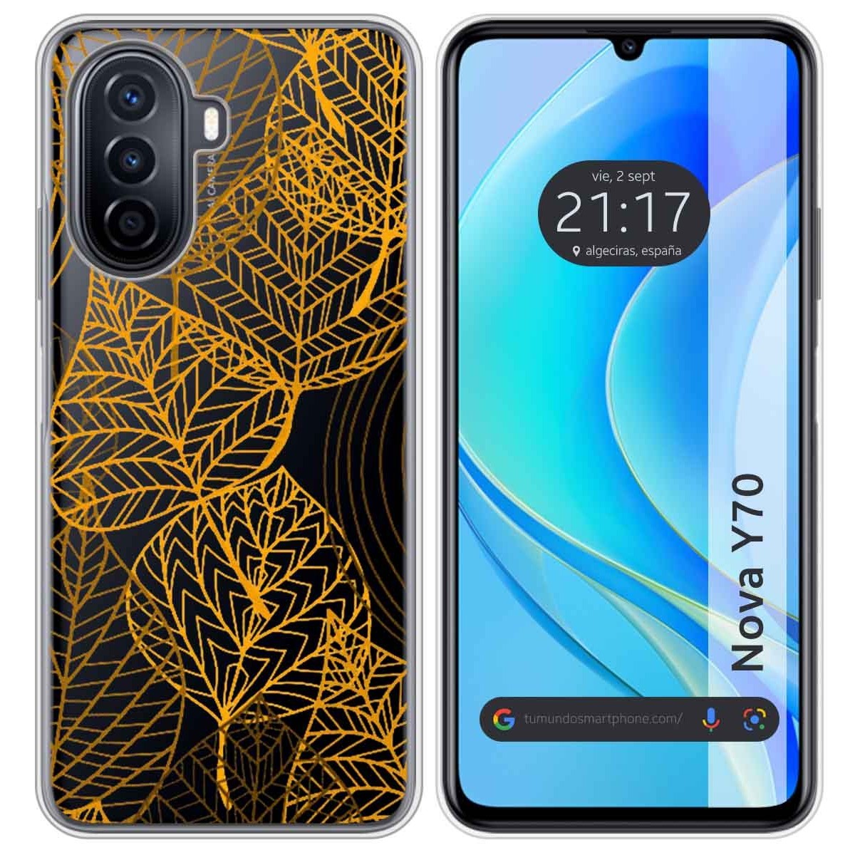 Funda Silicona Transparente para Huawei Nova Y70 diseño Hojas Dibujos