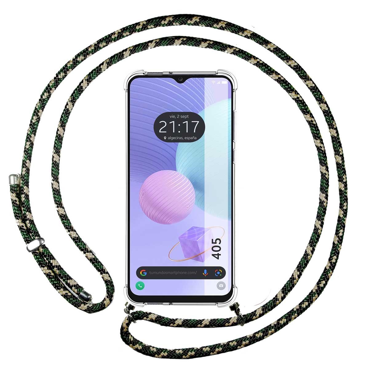 Funda Colgante Transparente para TCL 405 con Cordon Verde / Dorado