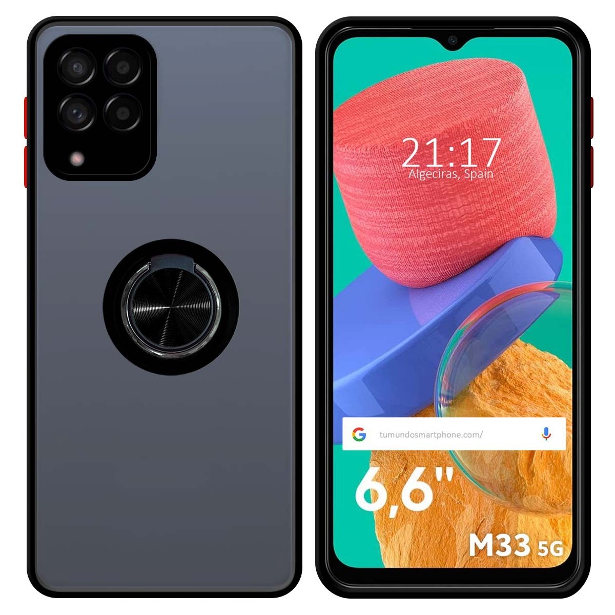 Funda Mate con Borde Negro y Anillo Giratorio 360 para Samsung Galaxy M33 5G