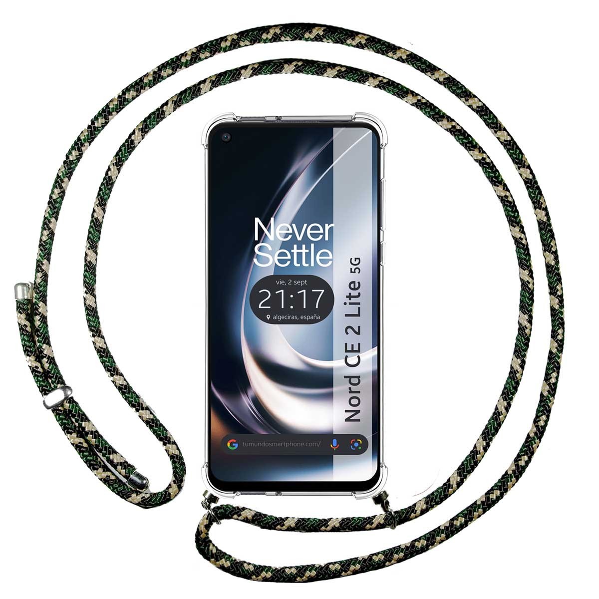 Funda Colgante Transparente para Oneplus Nord CE 2 Lite 5G con Cordon Verde / Dorado