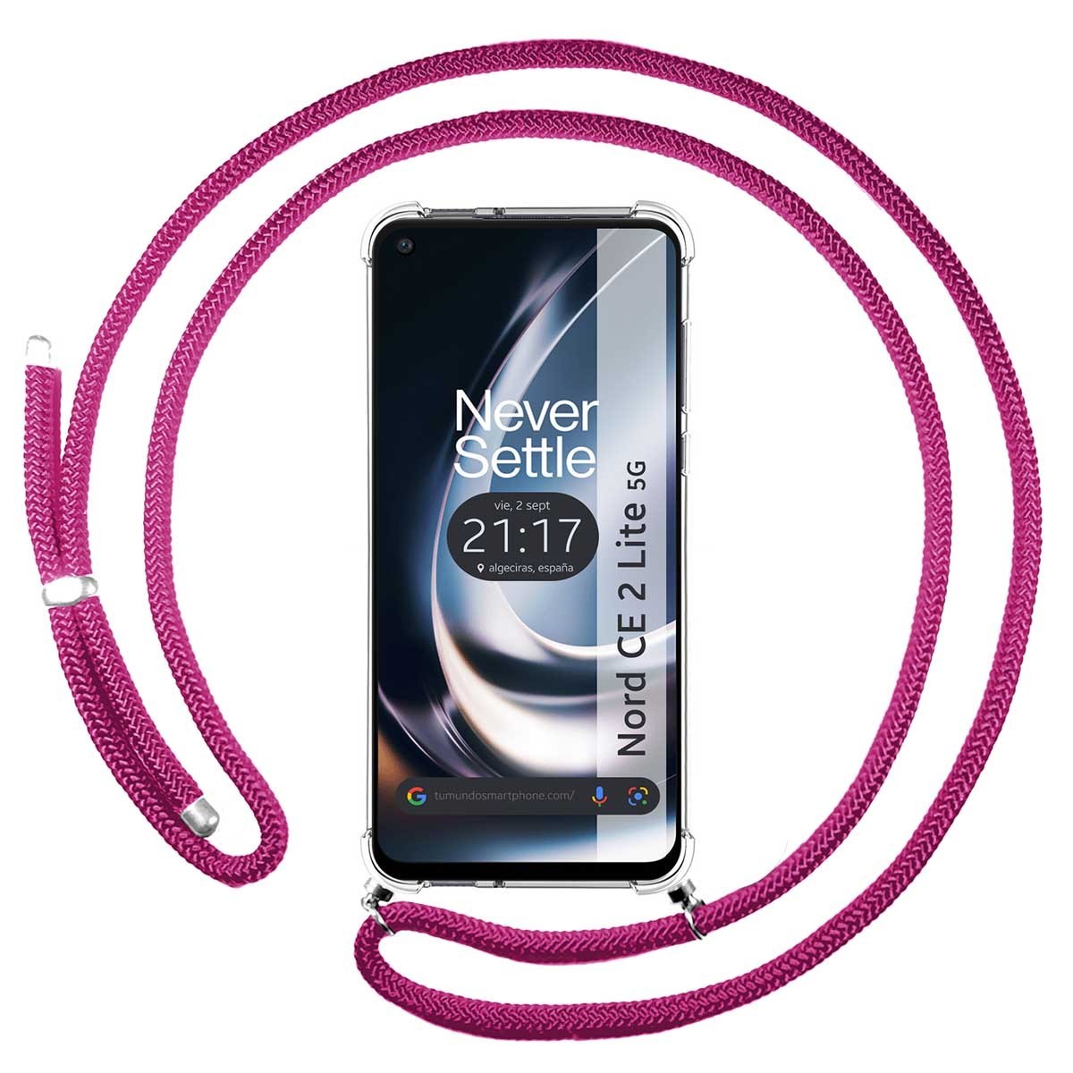 Funda Colgante Transparente para Oneplus Nord CE 2 Lite 5G con Cordon Rosa Fucsia