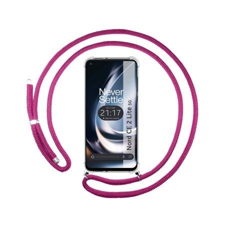 Funda Colgante Transparente para Oneplus Nord CE 2 Lite 5G con Cordon Rosa Fucsia