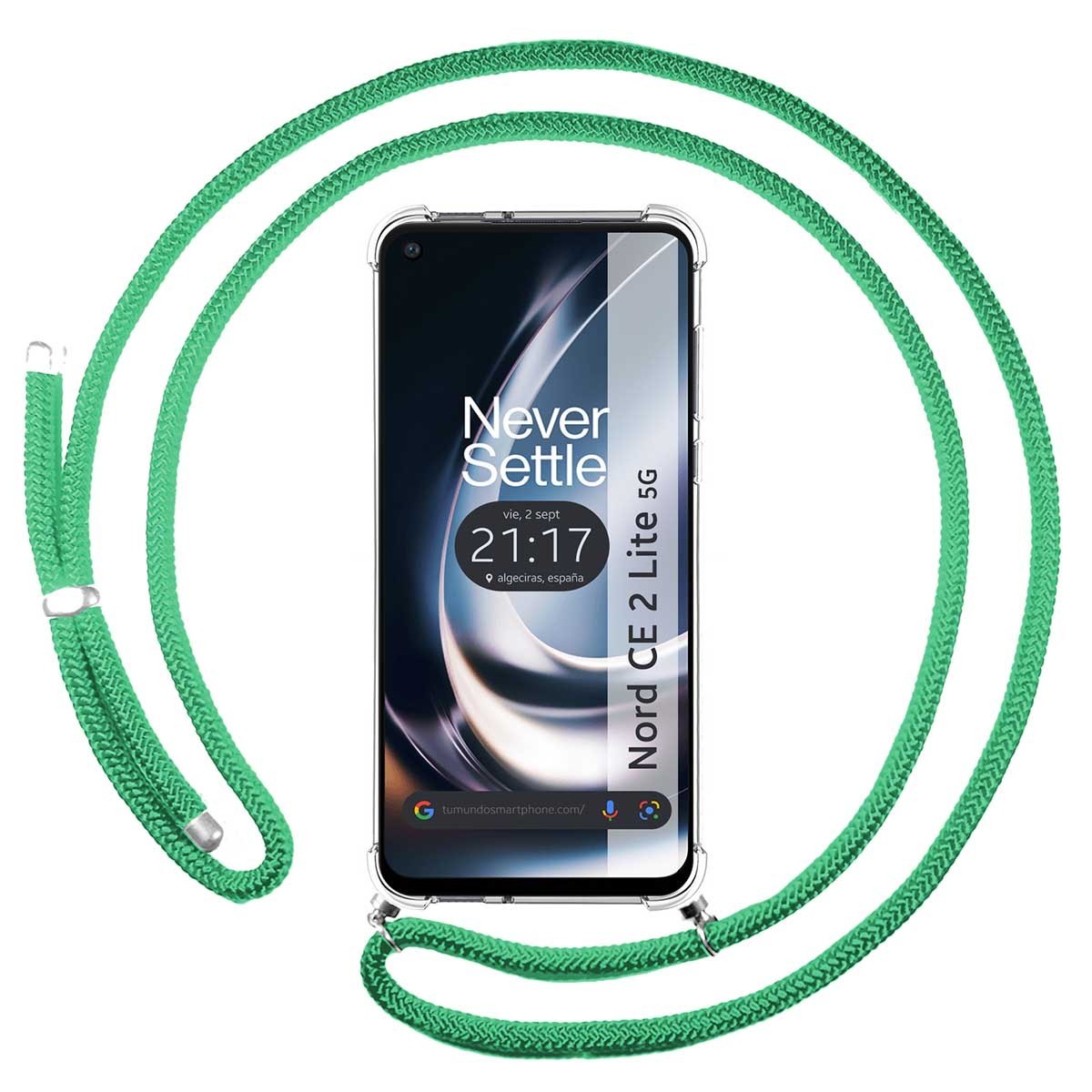Funda Colgante Transparente para Oneplus Nord CE 2 Lite 5G con Cordon Verde Agua