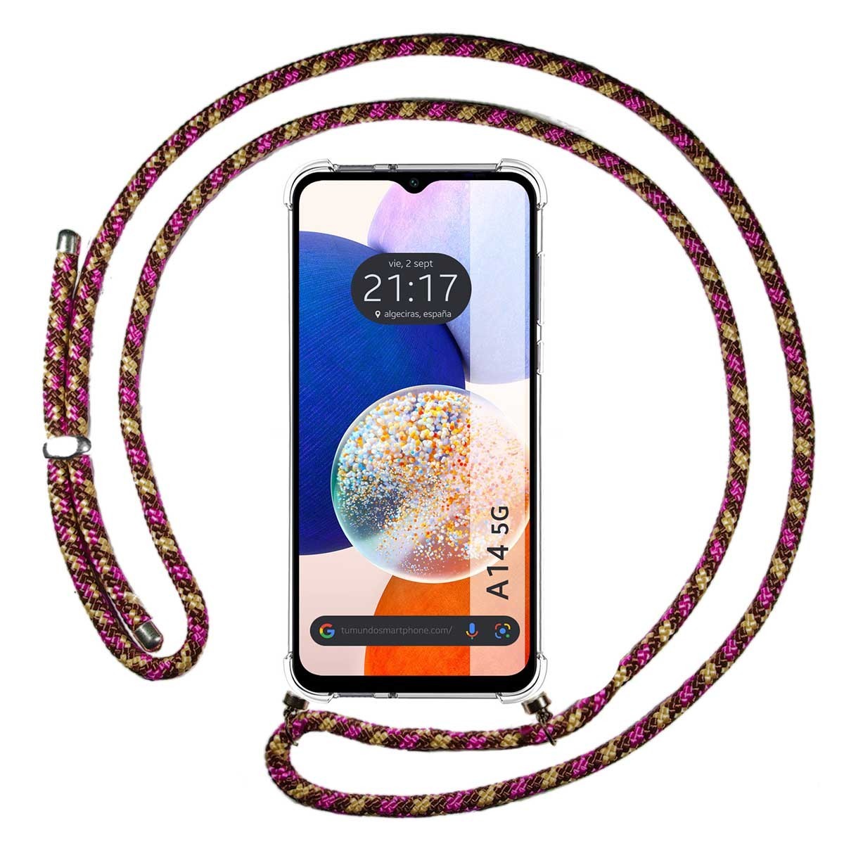 Funda Colgante Transparente para Samsung Galaxy A14 4G / 5G con Cordon Rosa / Dorado