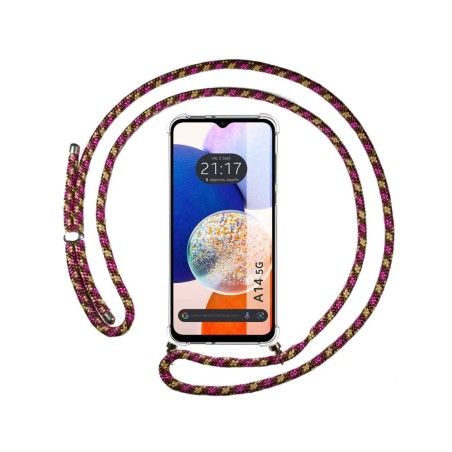 Funda Colgante Transparente para Samsung Galaxy A14 4G / 5G con Cordon Rosa / Dorado