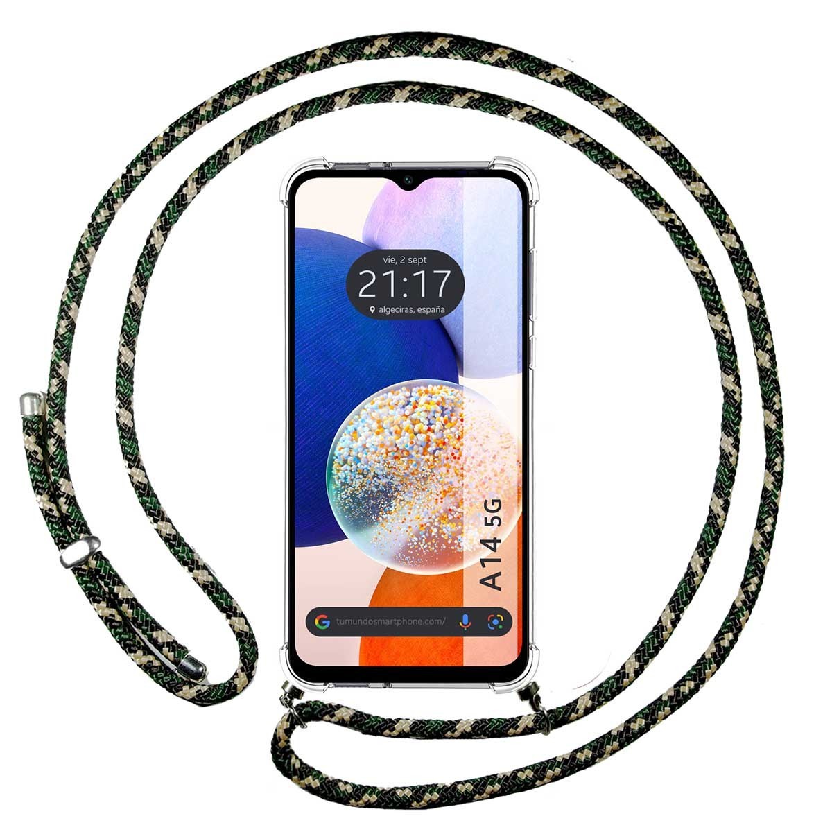 Funda Colgante Transparente para Samsung Galaxy A14 4G / 5G con Cordon Verde / Dorado