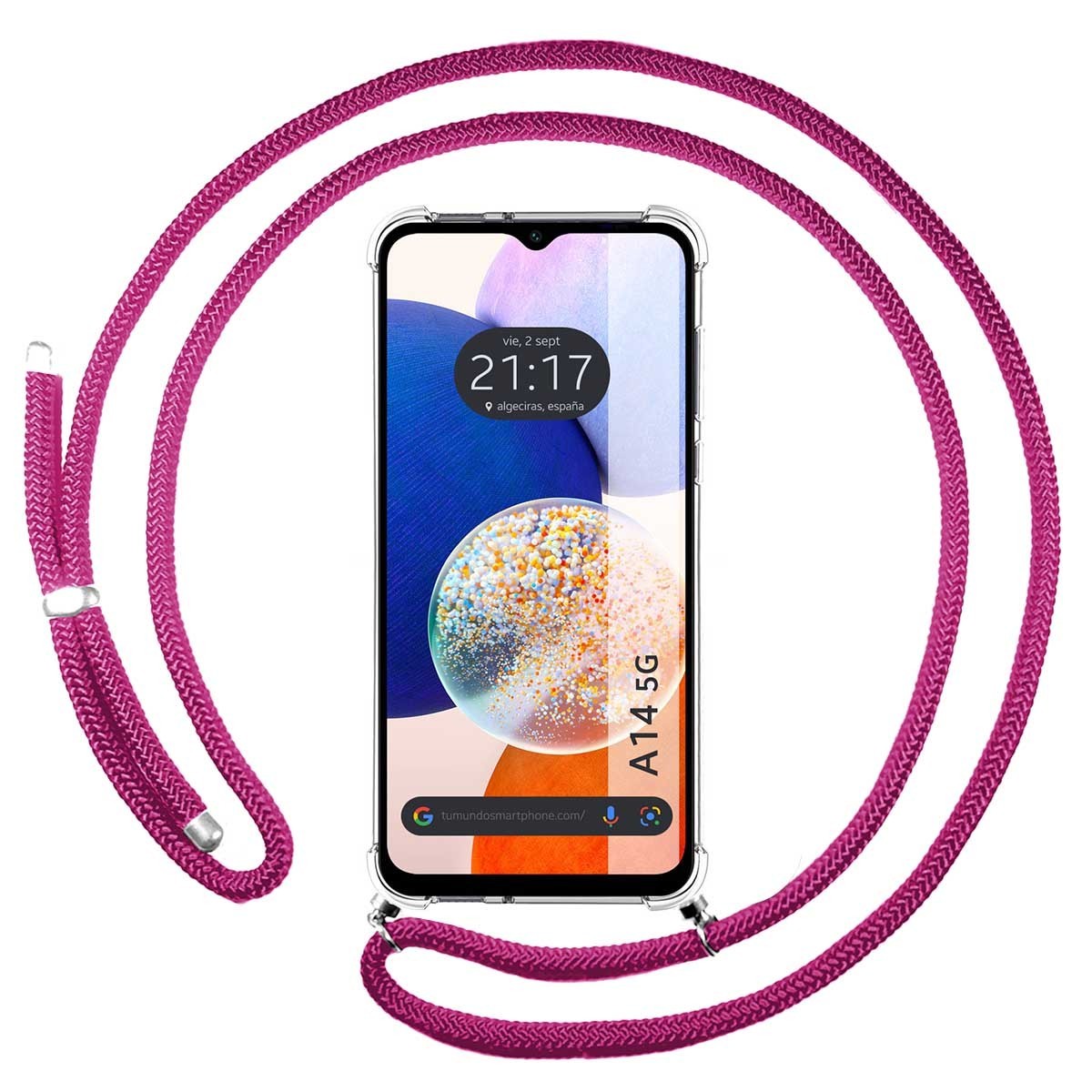 Funda Colgante Transparente para Samsung Galaxy A14 4G / 5G con Cordon Rosa Fucsia