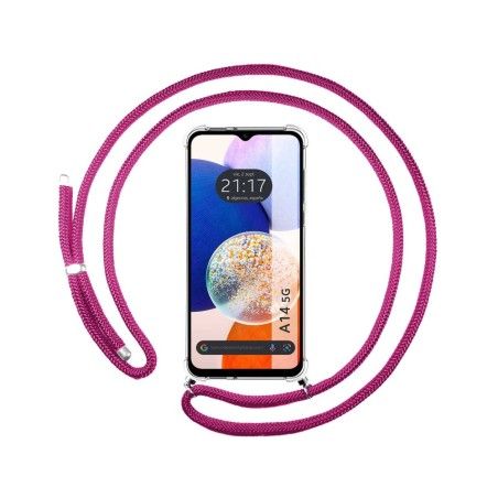 Funda Colgante Transparente para Samsung Galaxy A14 4G / 5G con Cordon Rosa Fucsia