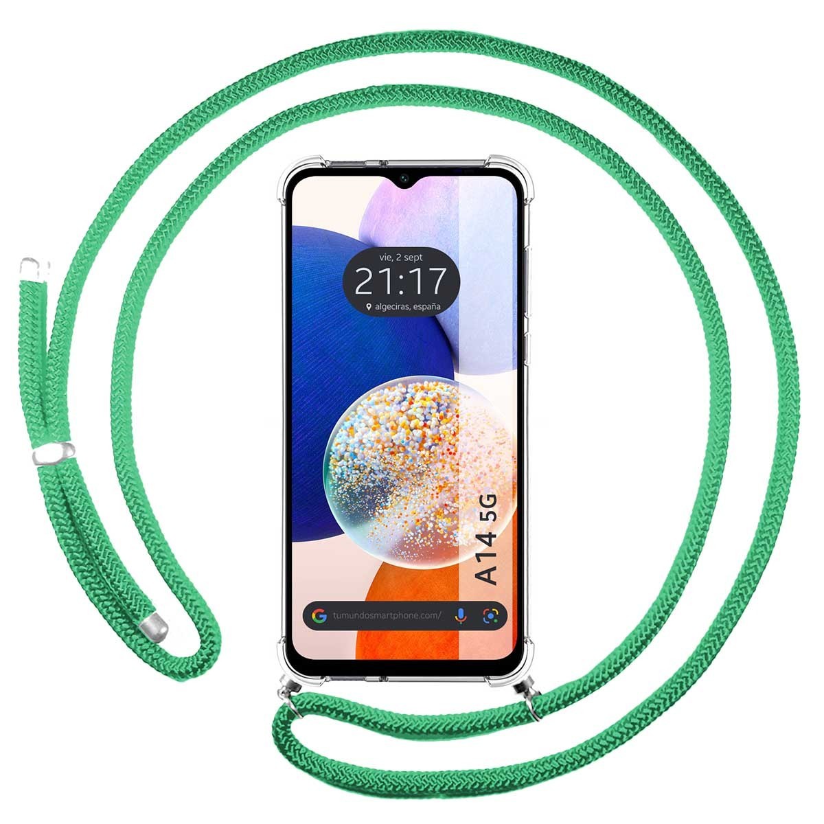 Funda Colgante Transparente para Samsung Galaxy A14 4G / 5G con Cordon Verde Agua