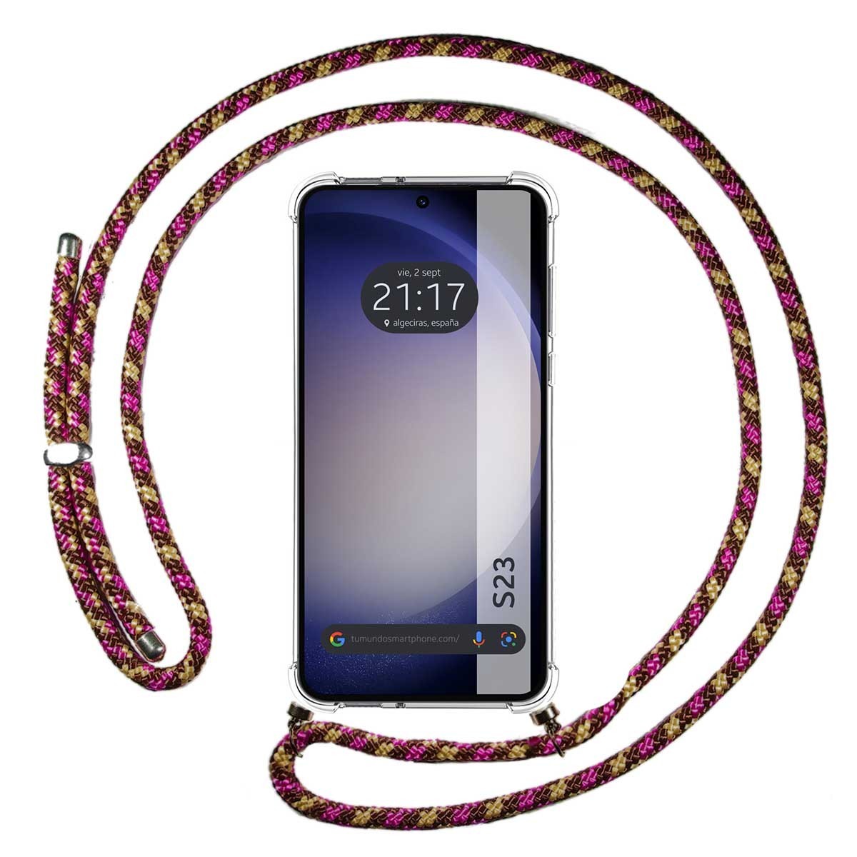 Funda Colgante Transparente para Samsung Galaxy S23 5G con Cordon Rosa / Dorado