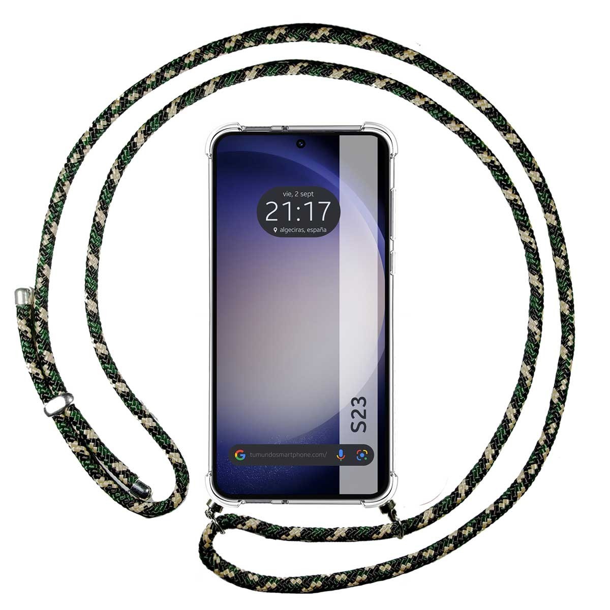 Funda Colgante Transparente para Samsung Galaxy S23 5G con Cordon Verde / Dorado