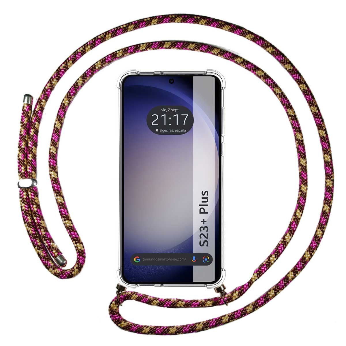 Funda Colgante Transparente para Samsung Galaxy S23+ Plus 5G con Cordon Rosa / Dorado