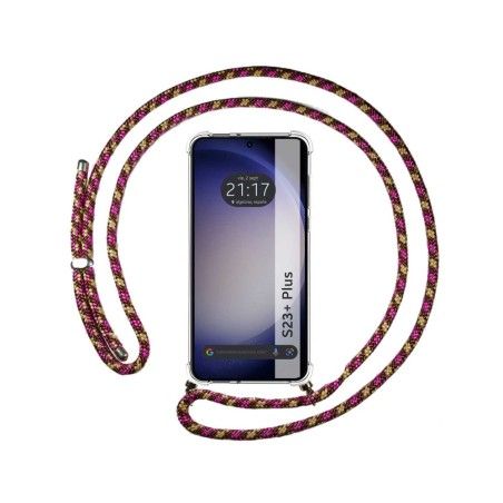 Funda Colgante Transparente para Samsung Galaxy S23+ Plus 5G con Cordon Rosa / Dorado