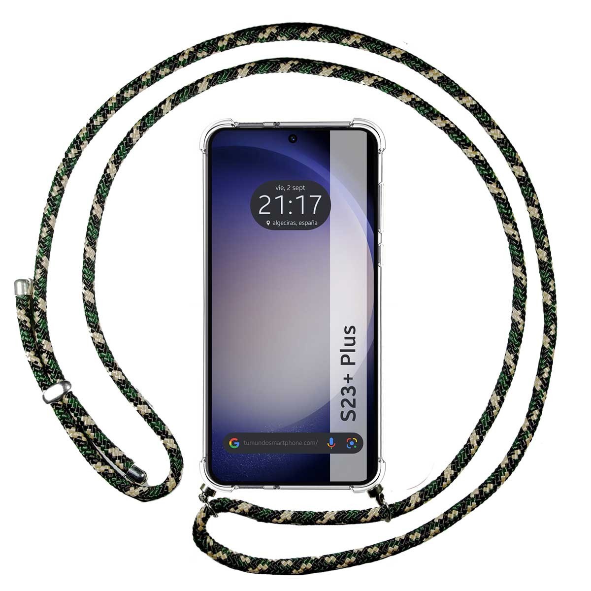 Funda Colgante Transparente para Samsung Galaxy S23+ Plus 5G con Cordon Verde / Dorado