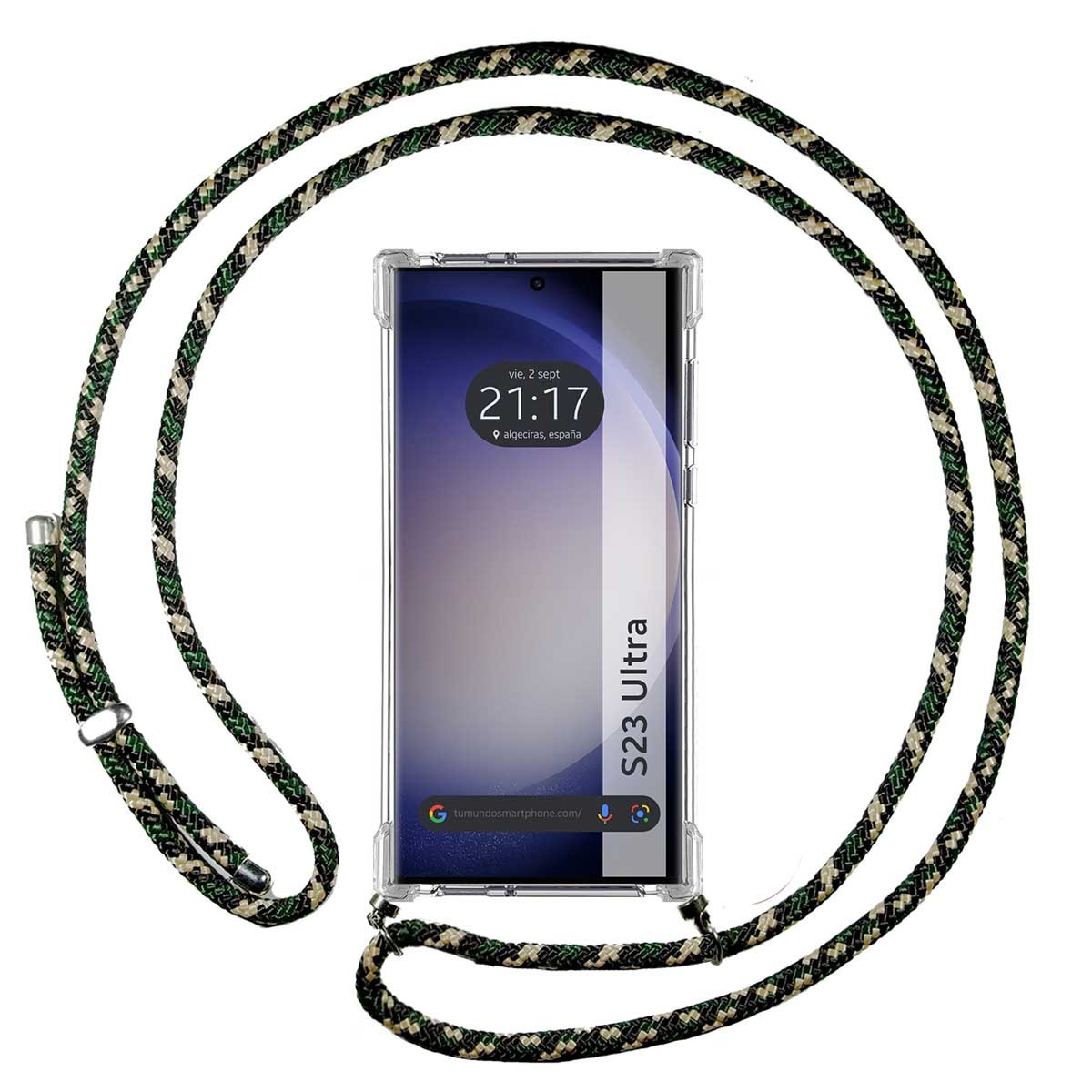 Funda Colgante Transparente para Samsung Galaxy S23 Ultra 5G con Cordon Verde / Dorado