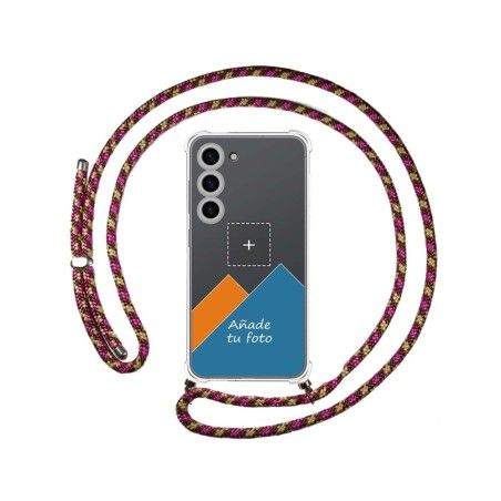 Personaliza tu Funda Colgante Transparente para Samsung Galaxy S23 5G con Cordon Rosa / Dorado Dibujo Personalizada
