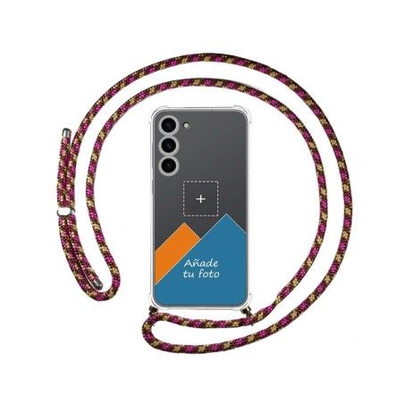 Personaliza tu Funda Colgante Transparente para Samsung Galaxy S23+ Plus 5G con Cordon Rosa / Dorado Dibujo Personalizada