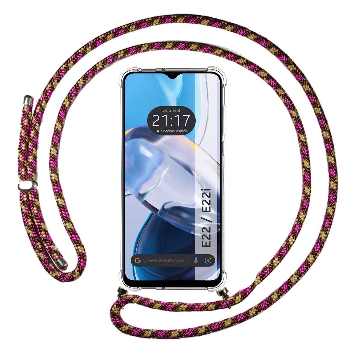 Funda Colgante Transparente para Motorola Moto E22 / E22i con Cordon Rosa / Dorado