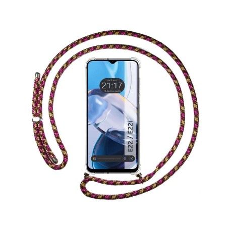 Funda Colgante Transparente para Motorola Moto E22 / E22i con Cordon Rosa / Dorado