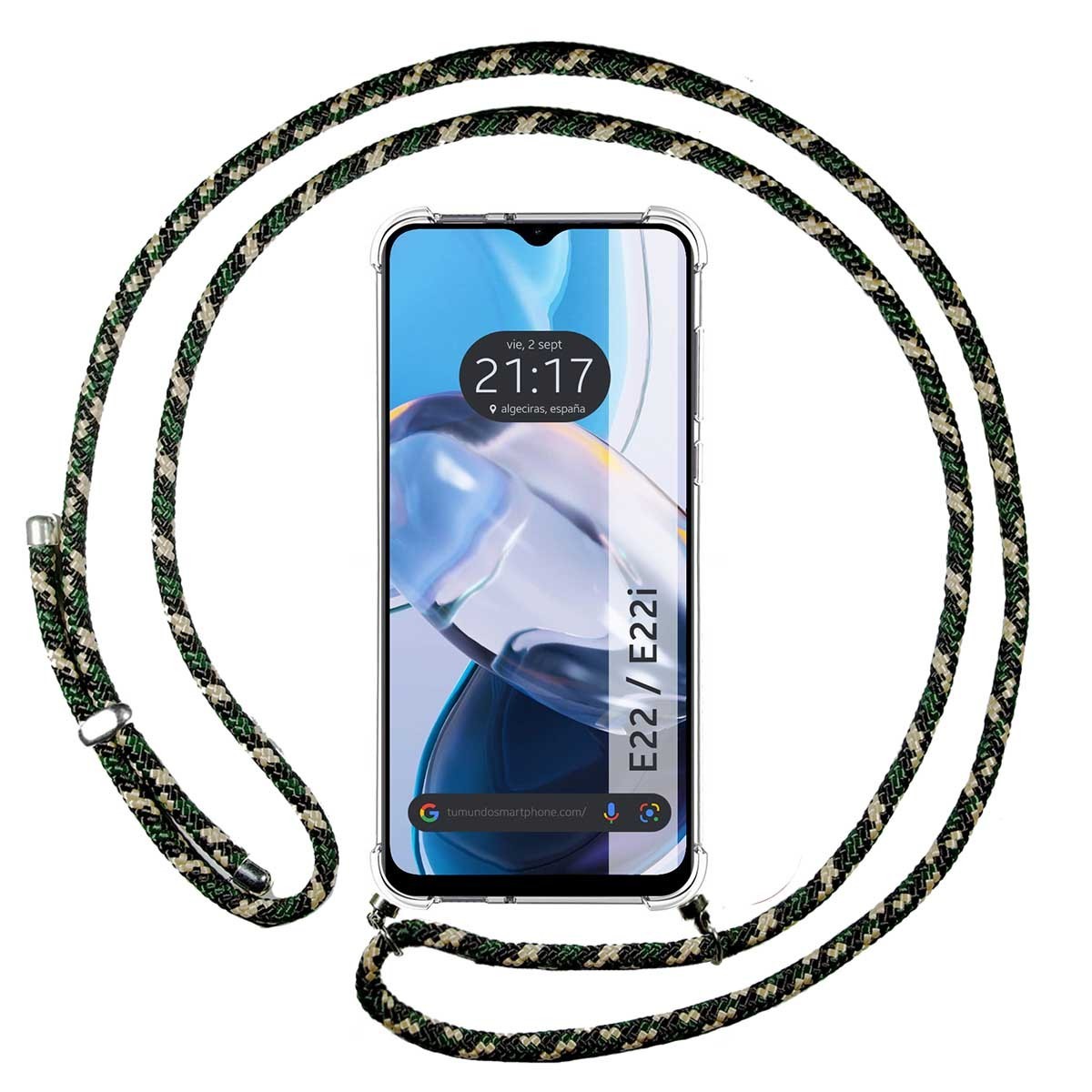 Funda Colgante Transparente para Motorola Moto E22 / E22i con Cordon Verde / Dorado