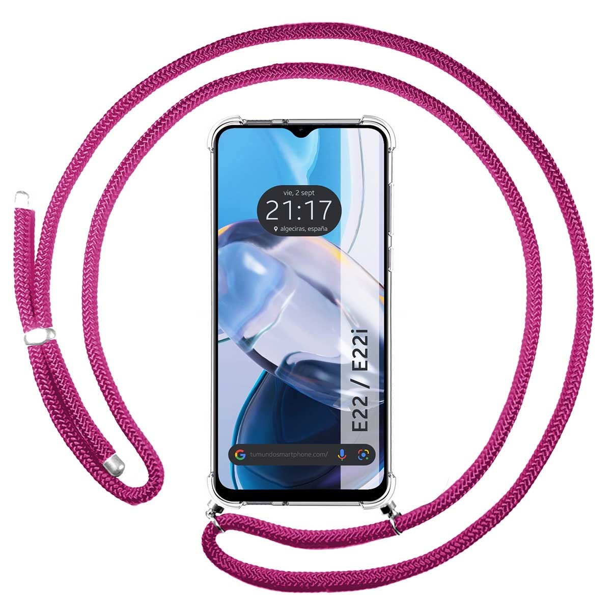 Funda Colgante Transparente para Motorola Moto E22 / E22i con Cordon Rosa Fucsia