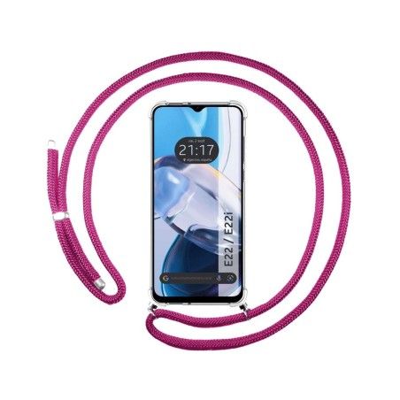 Funda Colgante Transparente para Motorola Moto E22 / E22i con Cordon Rosa Fucsia