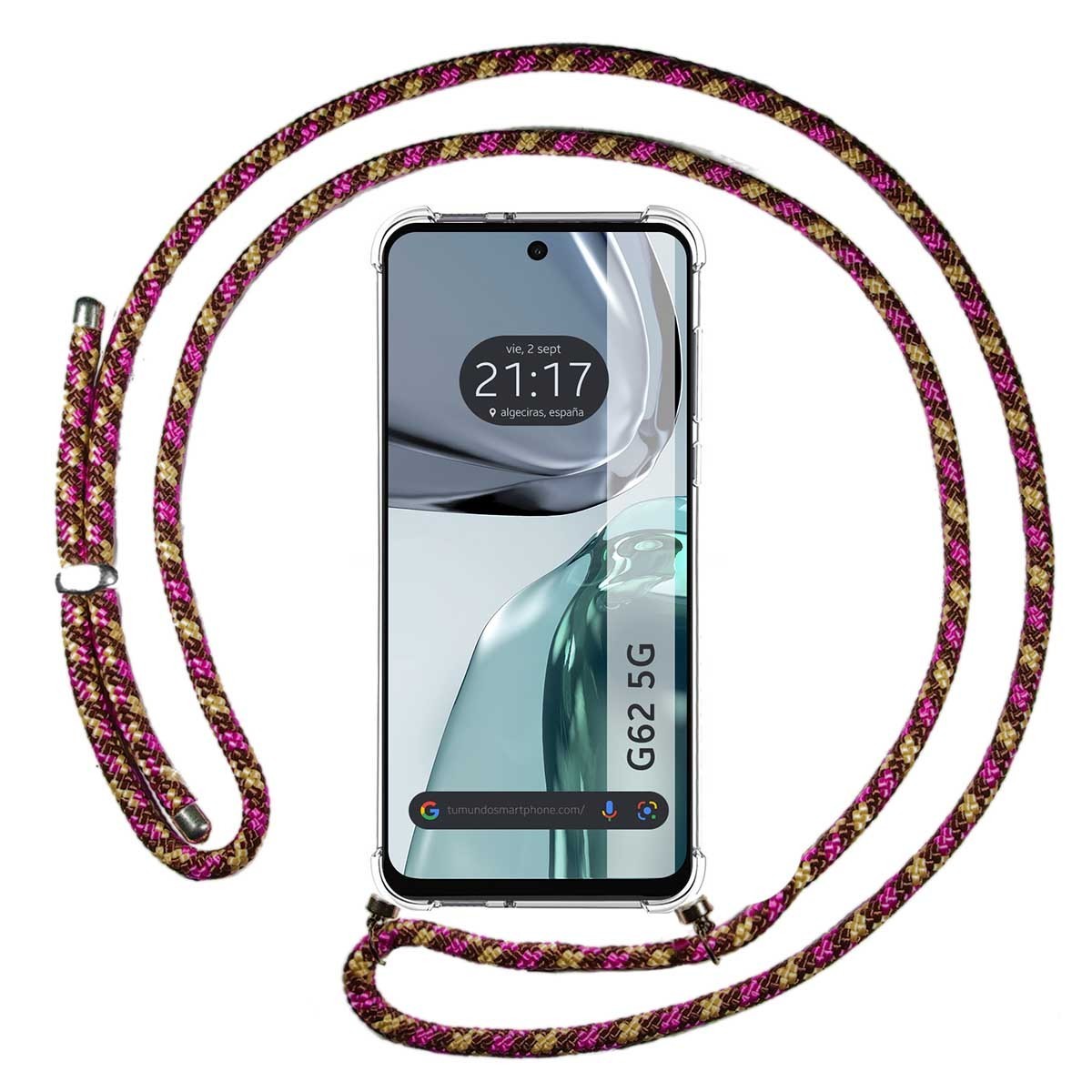 Funda Colgante Transparente para Motorola Moto G62 5G con Cordon Rosa / Dorado