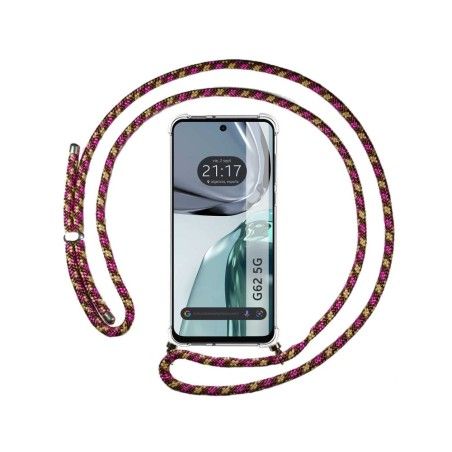 Funda Colgante Transparente para Motorola Moto G62 5G con Cordon Rosa / Dorado