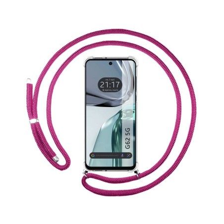 Funda Colgante Transparente para Motorola Moto G62 5G con Cordon Rosa Fucsia