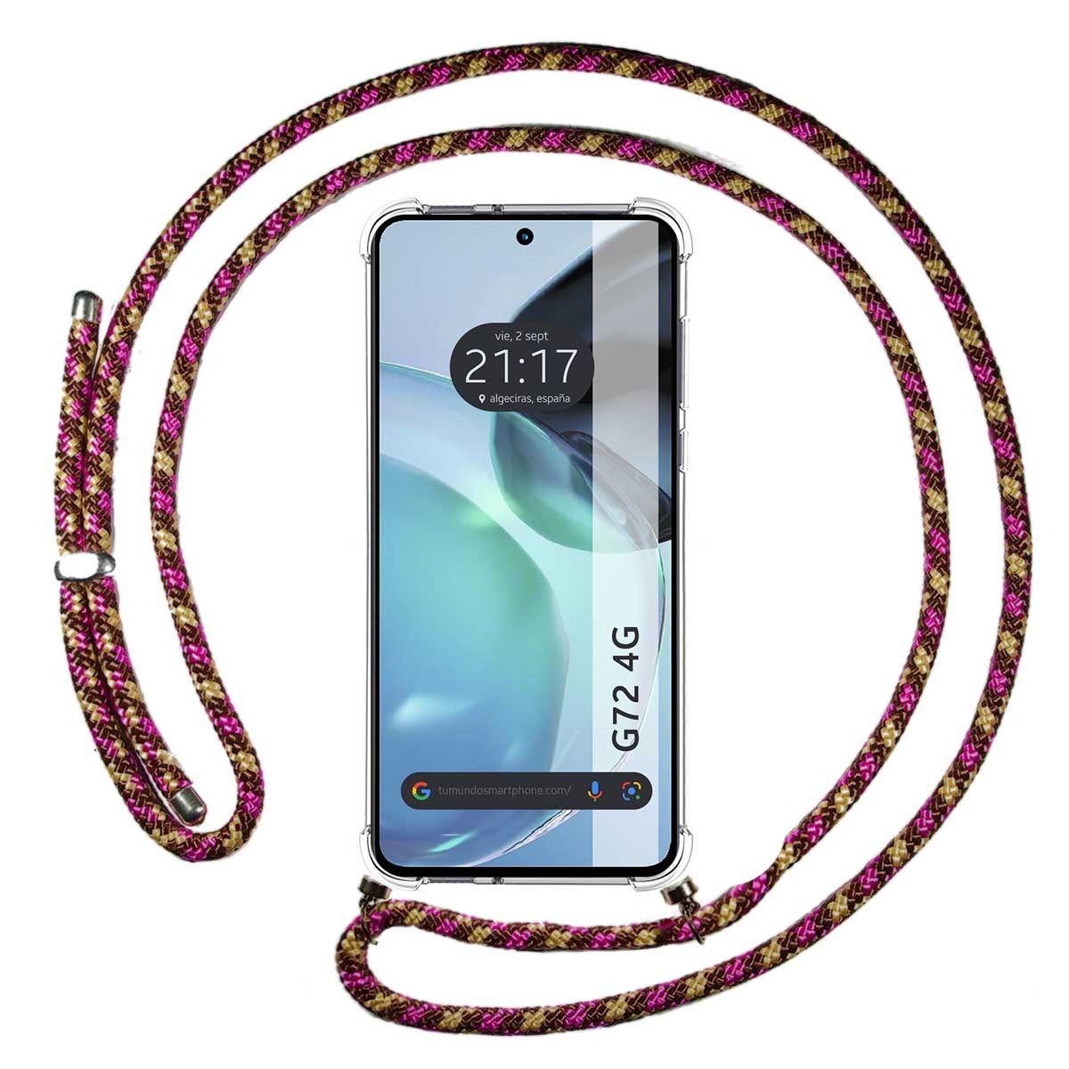 Funda Colgante Transparente para Motorola Moto G72 4G con Cordon Rosa / Dorado
