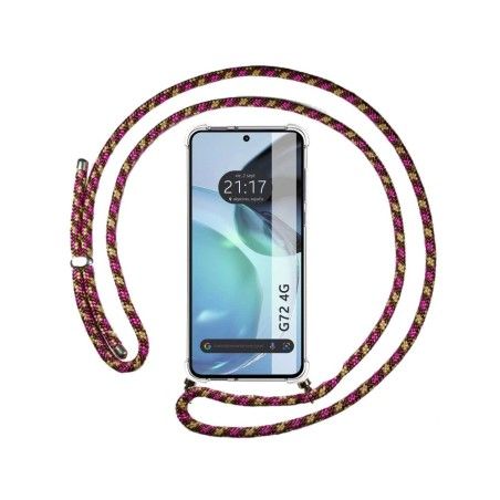 Funda Colgante Transparente para Motorola Moto G72 4G con Cordon Rosa / Dorado