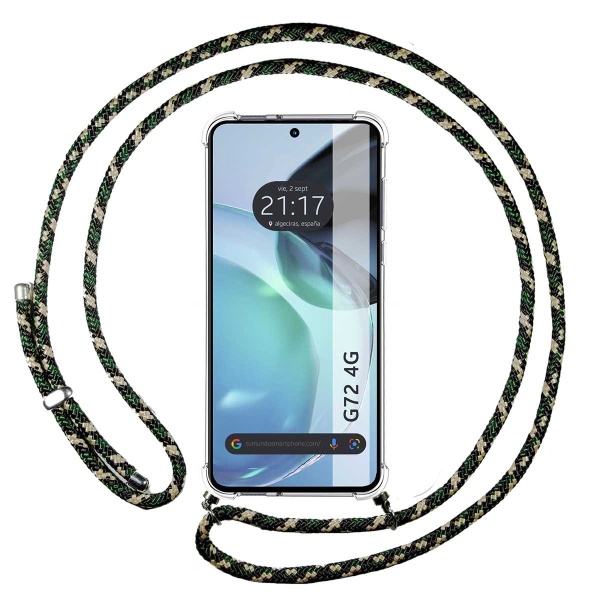 Funda Colgante Transparente para Motorola Moto G72 4G con Cordon Verde / Dorado