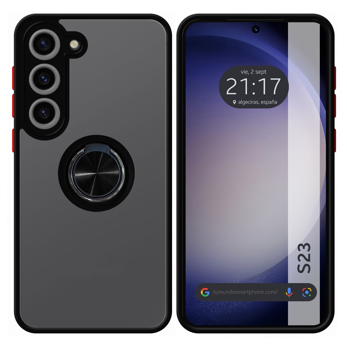 Funda Mate con Borde Negro y Anillo Giratorio 360 para Samsung Galaxy S23 5G