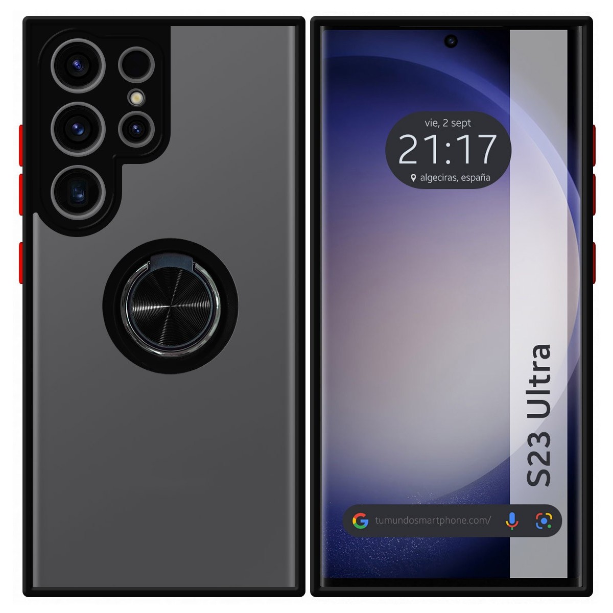 Funda Mate con Borde Negro y Anillo Giratorio 360 para Samsung Galaxy S23 Ultra 5G