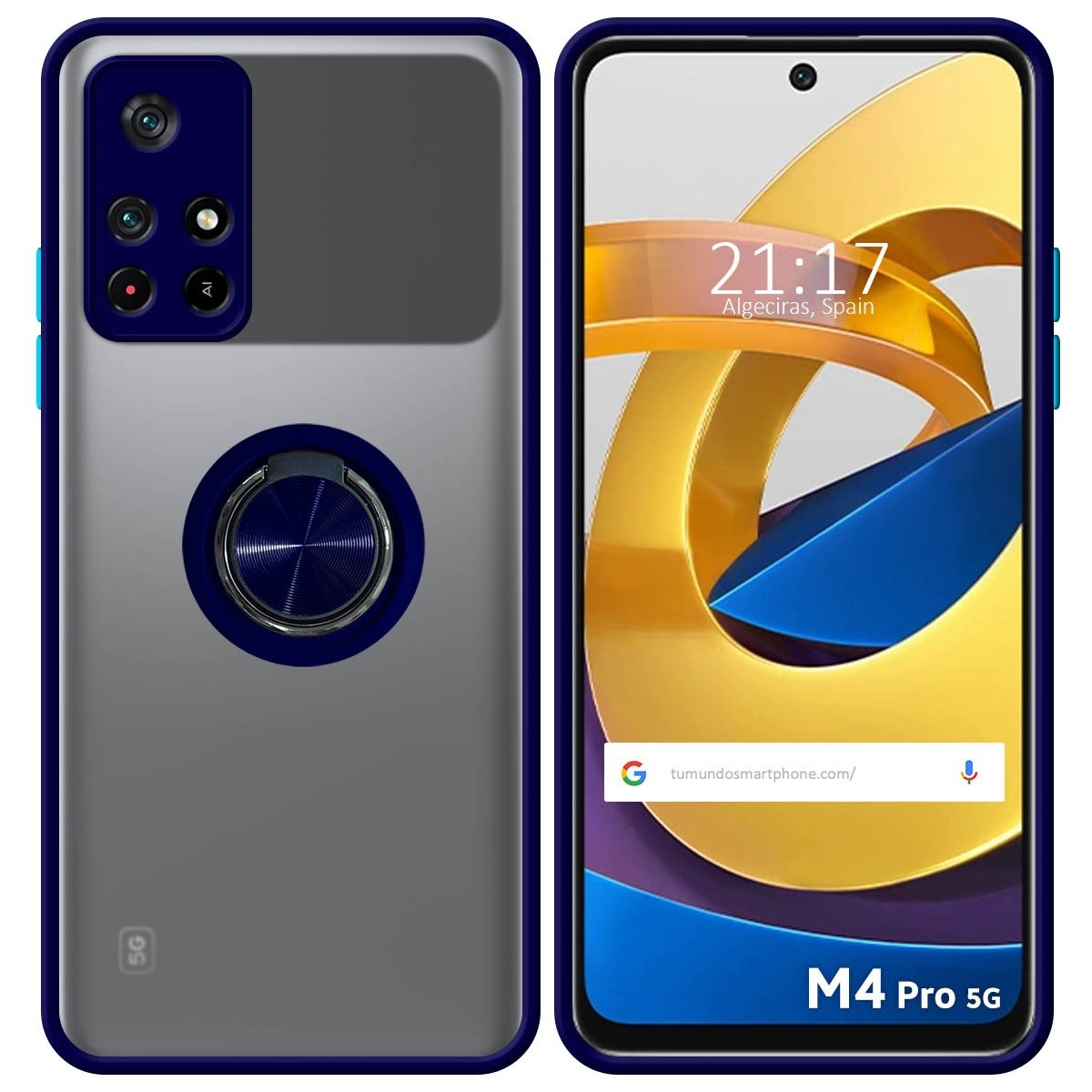 Funda Mate con Borde Azul y Anillo Giratorio 360 para Xiaomi POCO M4 Pro 5G