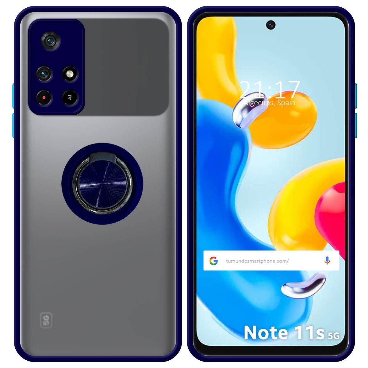 Funda Mate con Borde Azul y Anillo Giratorio 360 para Xiaomi Redmi Note 11s 5G