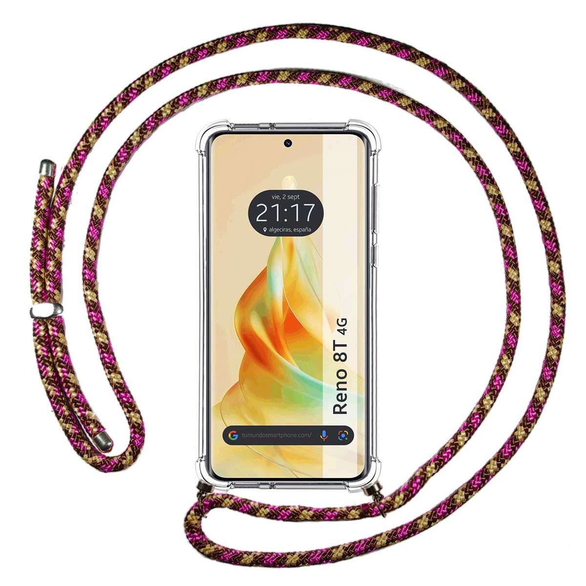 Funda Colgante Transparente para Oppo Reno 8T 4G con Cordon Rosa / Dorado