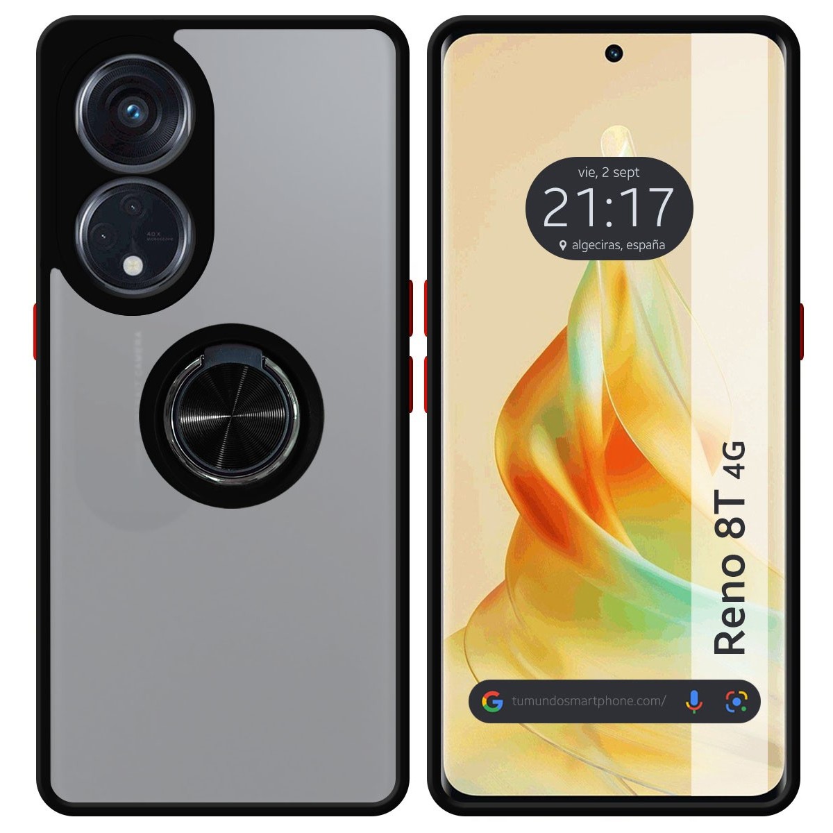 Funda Mate con Borde Negro y Anillo Giratorio 360 para Oppo Reno 8T 4G