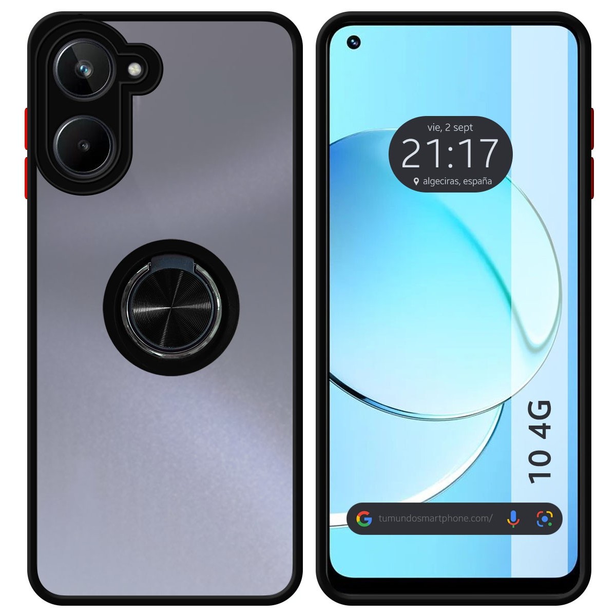 Funda Mate con Borde Negro y Anillo Giratorio 360 para Realme 10 4G