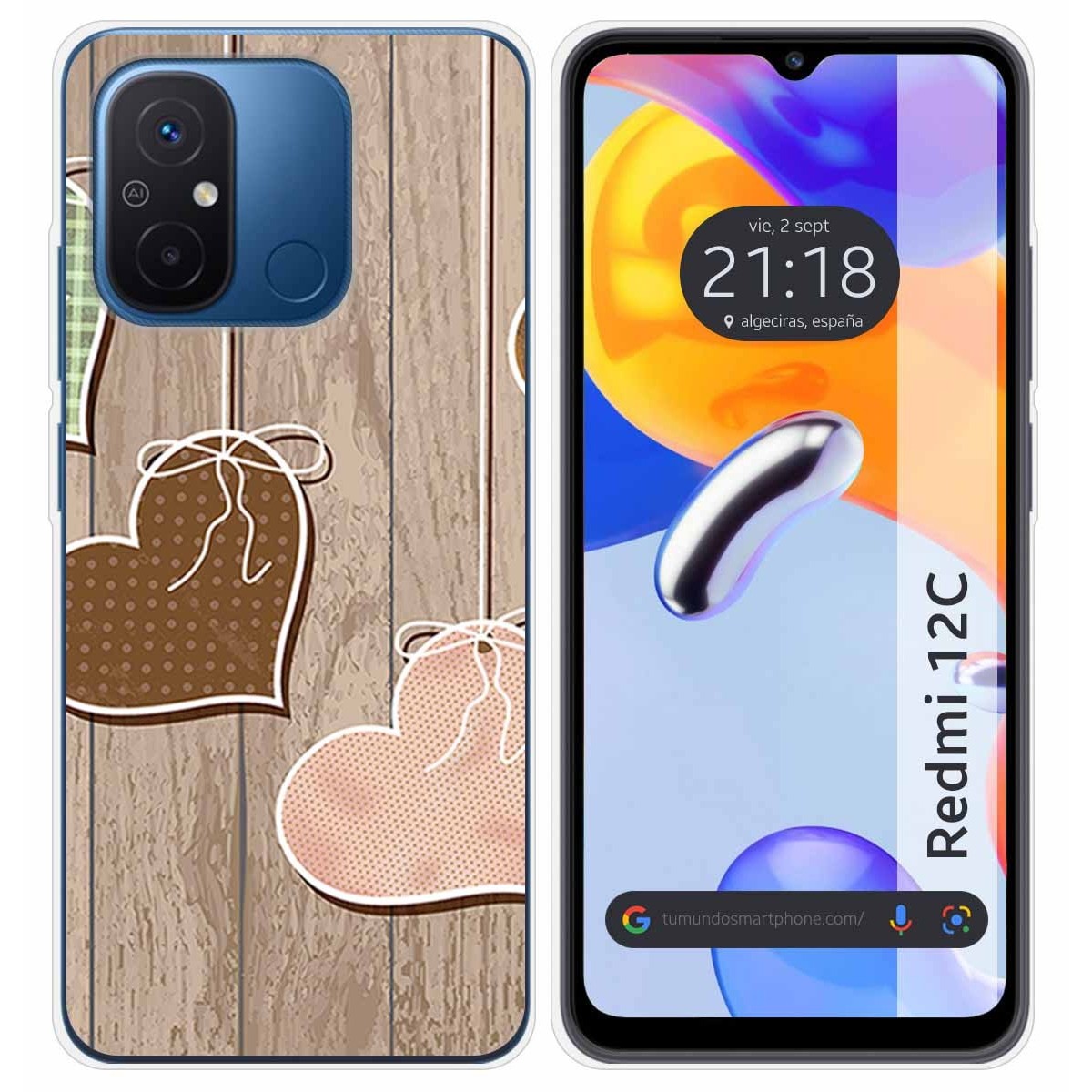 Funda Silicona compatible con Xiaomi Redmi 12C diseño Corazones Madera Dibujos