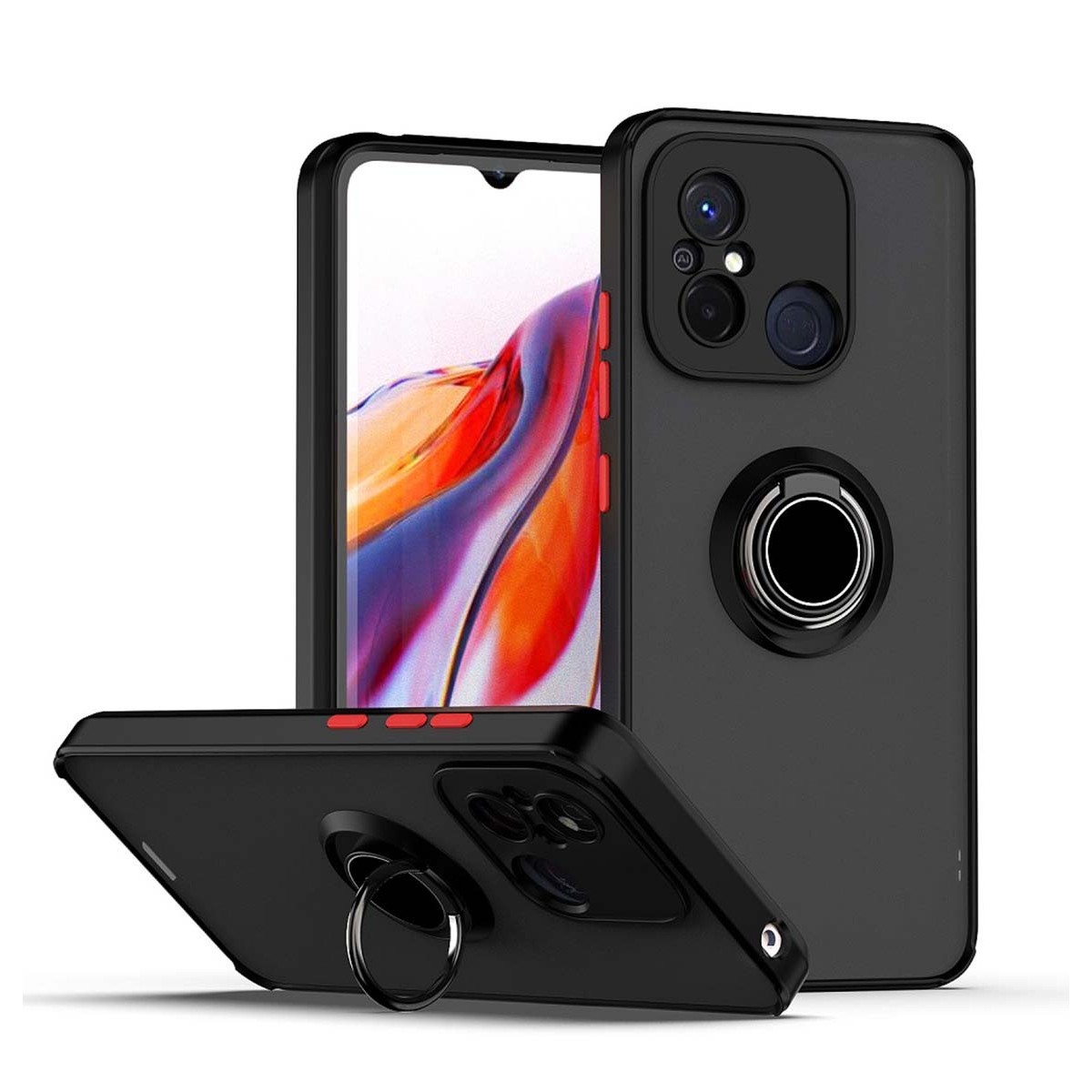Funda Mate con Borde Negro y Anillo Giratorio 360 compatible con Xiaomi Redmi 12C