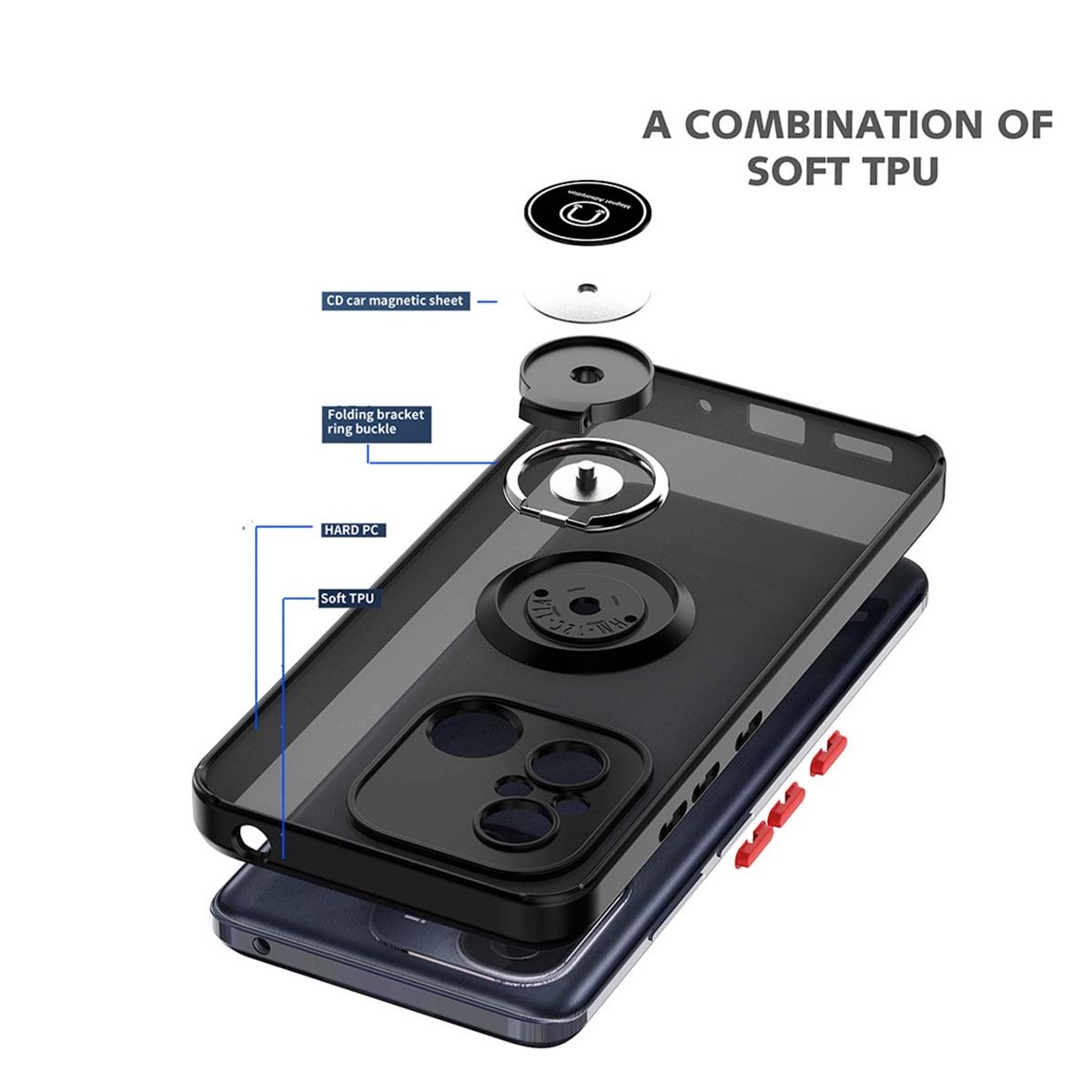 Funda Mate con Borde Negro y Anillo Giratorio 360 compatible con Xiaomi Redmi 12C