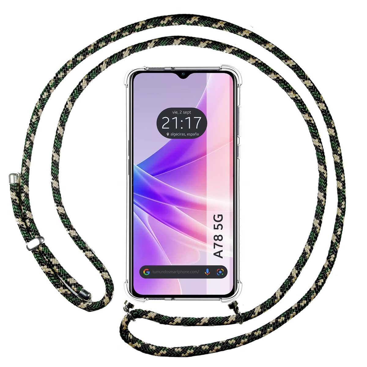 Funda Colgante Transparente para Oppo A78 5G con Cordon Verde / Dorado