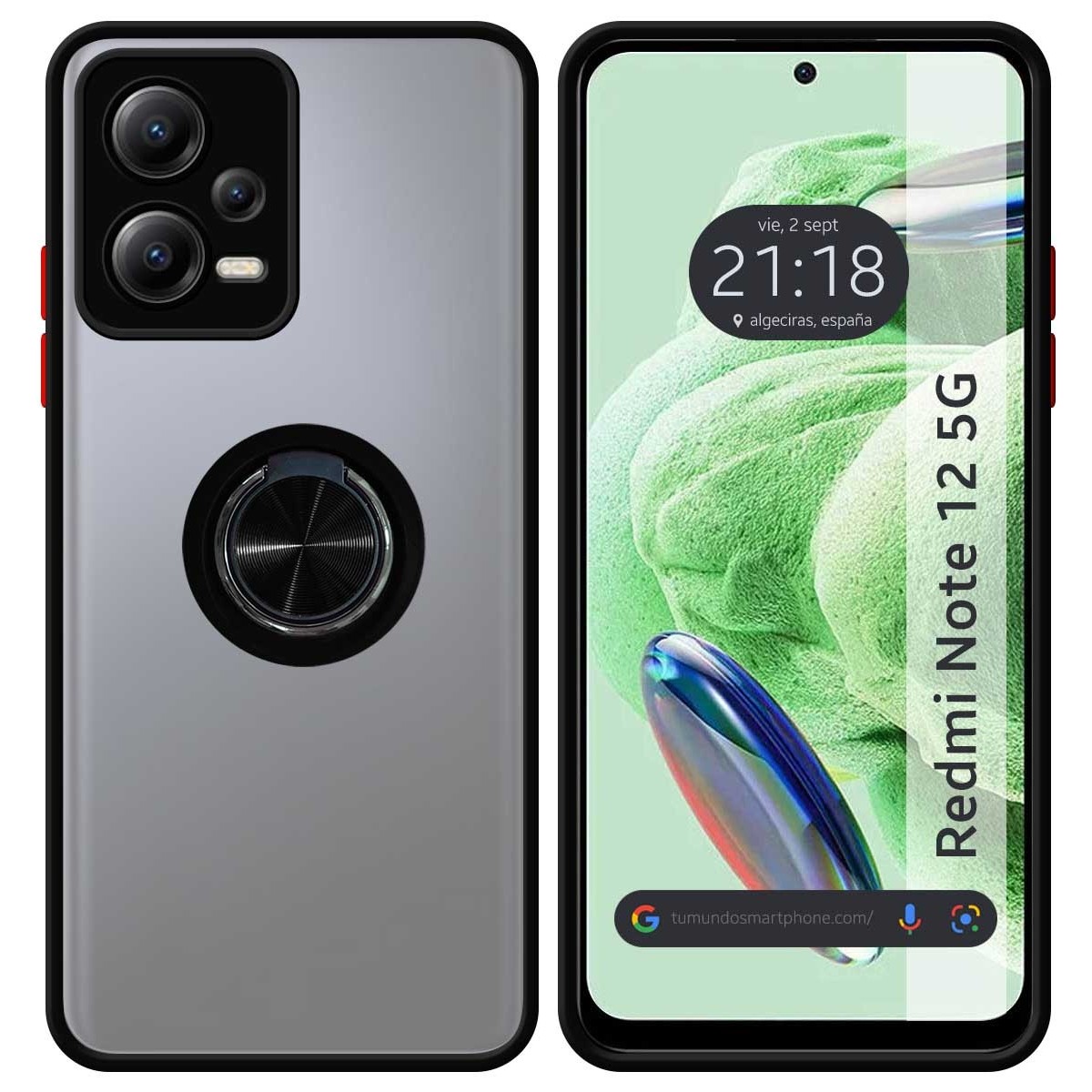 Funda Mate con Borde Negro y Anillo Giratorio 360 compatible con Xiaomi Redmi Note 12 5G