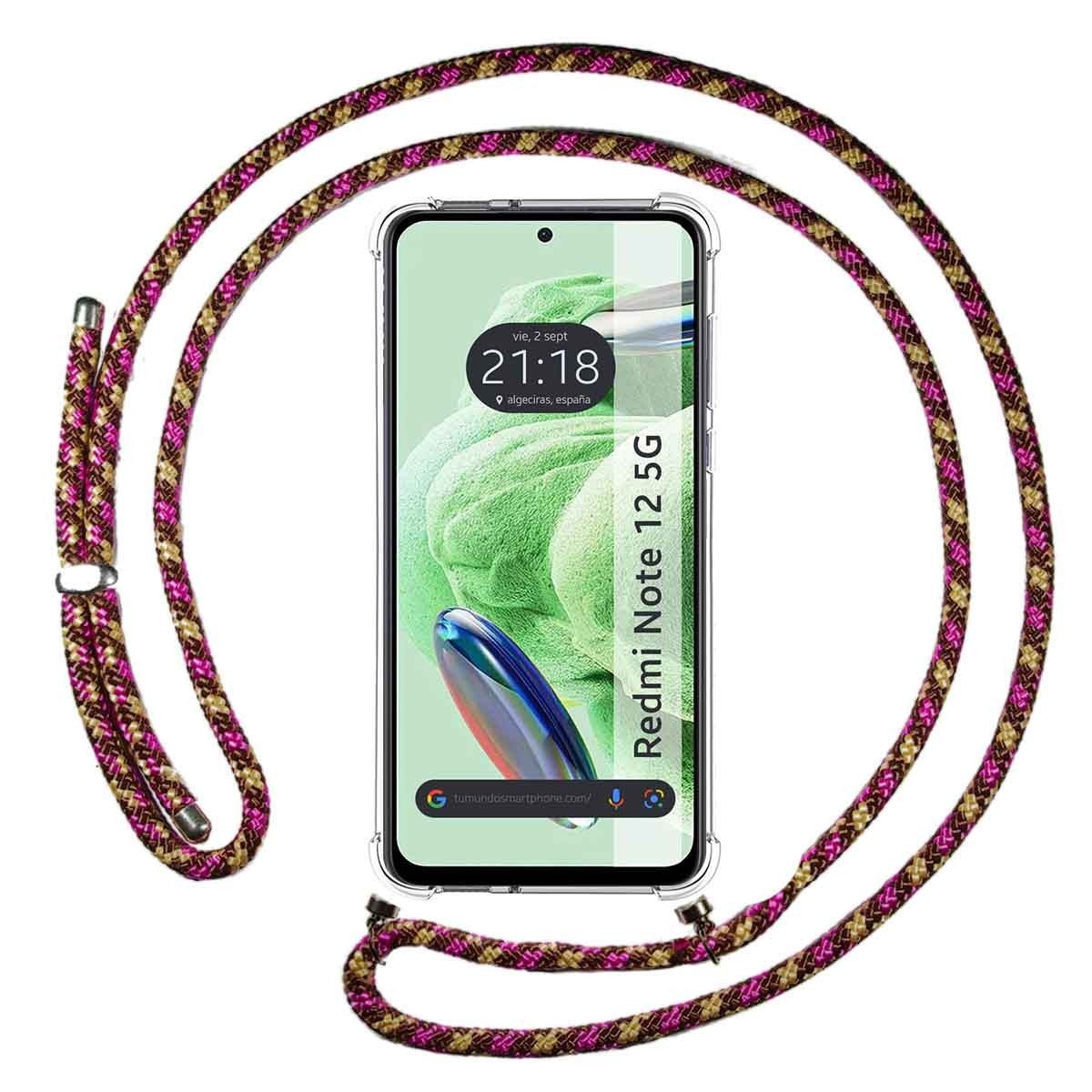 Funda Colgante Transparente compatible con Xiaomi Redmi Note 12 5G con Cordon Rosa / Dorado