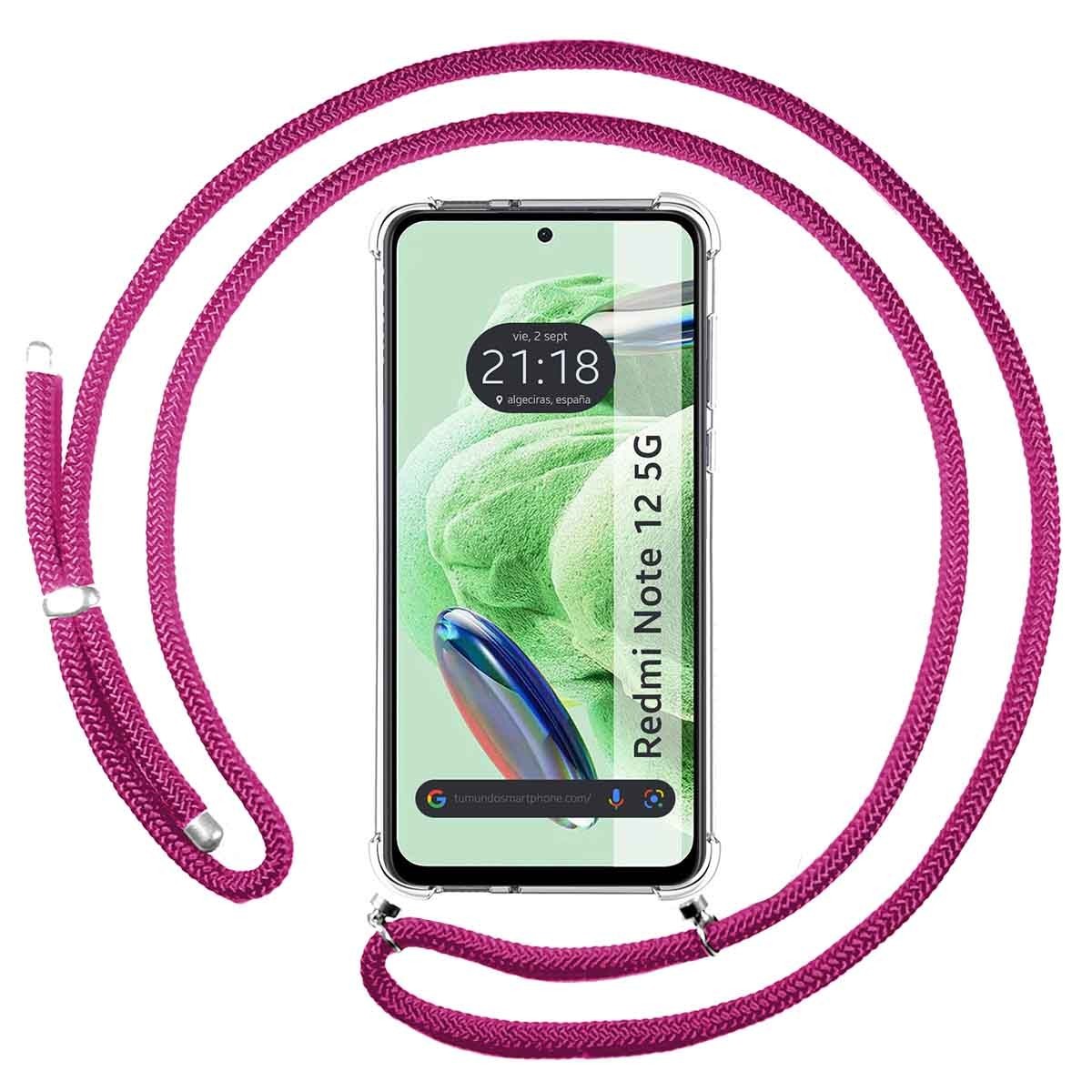 Funda Colgante Transparente compatible con Xiaomi Redmi Note 12 5G con Cordon Rosa Fucsia