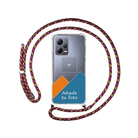 Personaliza tu Funda Colgante Transparente para Xiaomi Redmi Note 12 5G con Cordon Rosa / Dorado Dibujo Personalizada