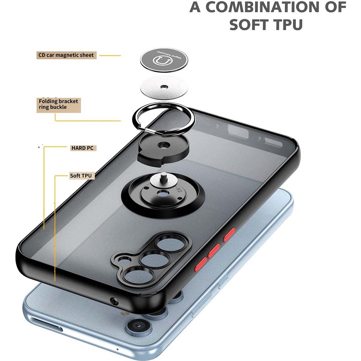 Funda Mate con Borde Negro y Anillo Giratorio 360 para Samsung Galaxy A54 5G