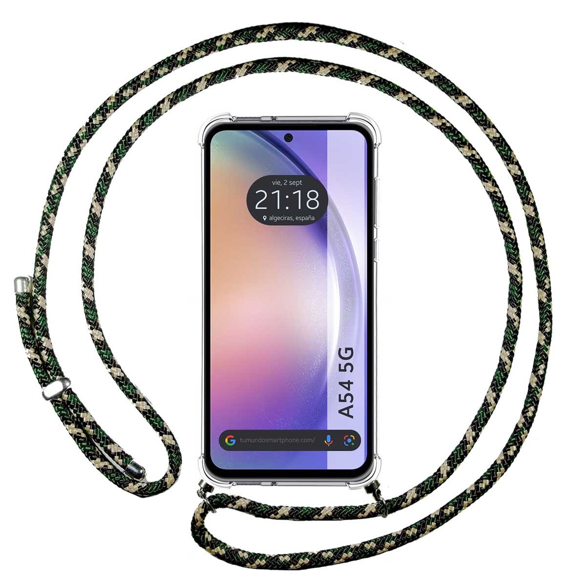 Funda Colgante Transparente para Samsung Galaxy A54 5G con Cordon Verde / Dorado