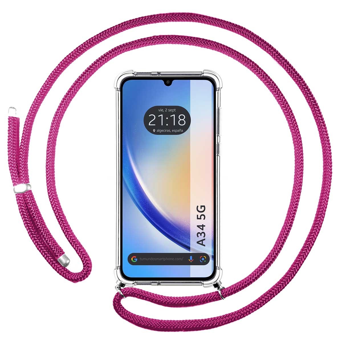 Funda Colgante Transparente para Samsung Galaxy A34 5G con Cordon Rosa Fucsia